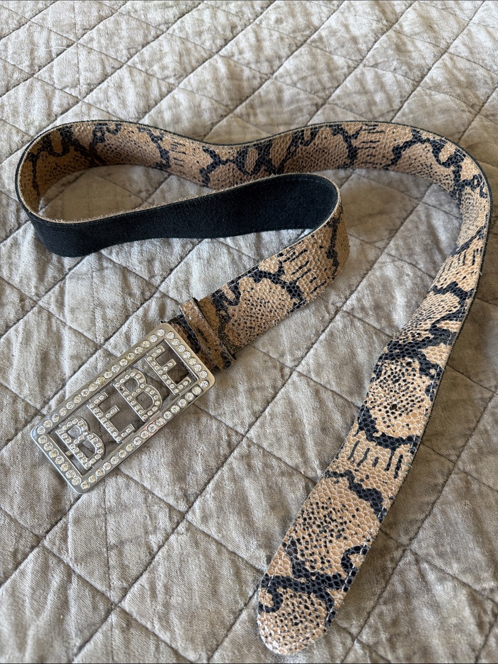 bebe Tan and Black Snakeskin Belt with Crystal BEBE Buckle